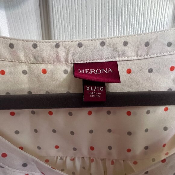 Merona Women's XL Cream w Gray & Orange Polka Dot Long Sleeve Collarless Blouse - Picture 5 of 9